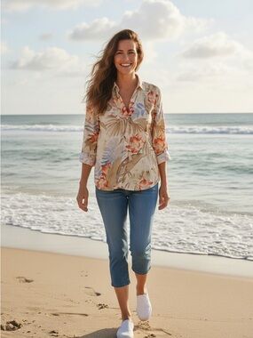 Tommy Bahama Tropical Cream Shirt with Coral & Light Blue Accents, Size S/P